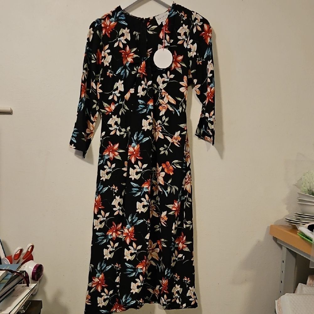 Hayden Black Dress with Red and White Floral Pattern